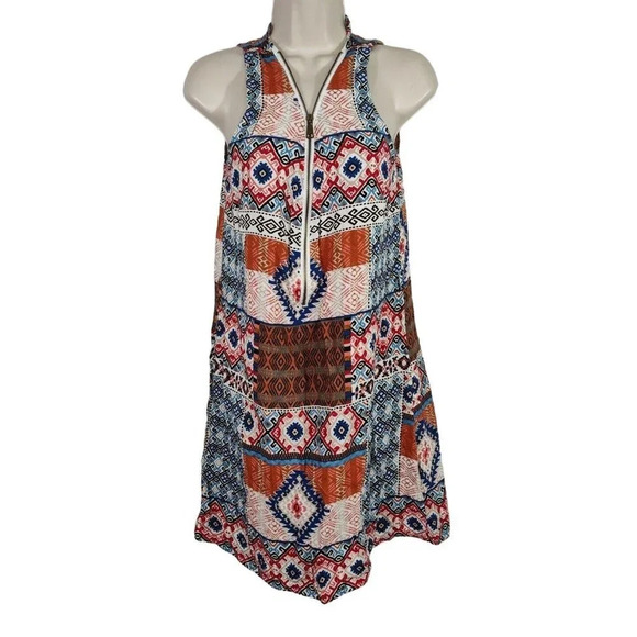 New Look Sheath Dress Half Zip Women Size L Blue Brown White Southwestern FLAW - Picture 1 of 8